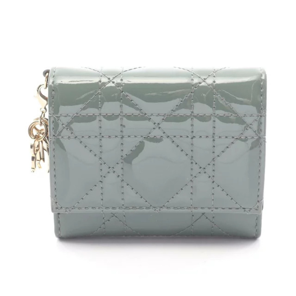 Dior Lady Cannage Tri fold Wallet Patent Vernis Leather Green